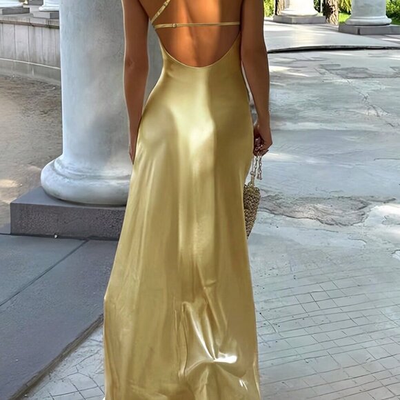 Yellow Sexy Women's Elegant One Shoulder Backless High Slit maxi Dress - Picture 3 of 5